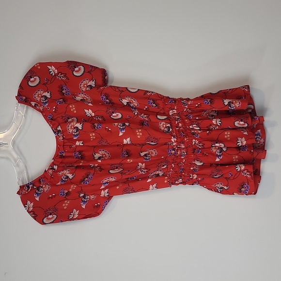 MAX STUDIO Red Floral Ruched Short Sleeve Smocked Waist Lightweight Blouse - Picture 7 of 10